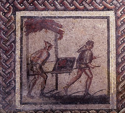 Gallo-Romeinse kunst: mozaïekbestrating die een rustieke kalender voorstelt. Mest transport scène. Eind 2e, begin 3e eeuw na Christus. Uit Saint-Romain-en-Gal (Saint Romain en Gal, Rhone). Saint Germain en Laye, Nationaal Archeologisch Museum door Gallo Roman