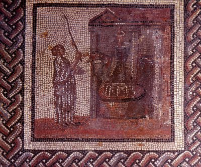 Gallo-Romeinse kunst: mozaïekvloer die een rustieke kalender voorstelt. Het werk met het maalwiel. Eind 2e, begin 3e eeuw na Chr. Uit Saint-Romain-en-Gal (Rhone). Saint Germain en Laye, Nationaal Archeologisch Museum door Gallo Roman