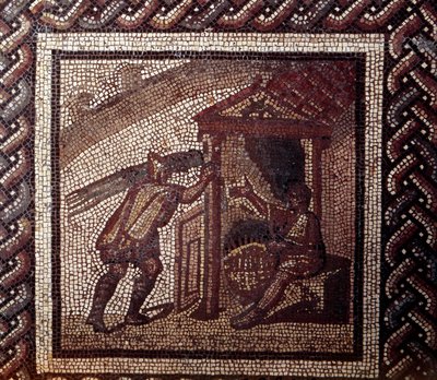 Gallo-Romeinse kunst: mozaïekvloer die een rustieke kalender voorstelt. Vlechtwerk en manden vlechten. Eind 2e, begin 3e eeuw na Chr. Uit Saint-Romain-en-Gal (Rhone). Saint Germain en Laye, Nationaal Archeologisch Museum door Gallo Roman