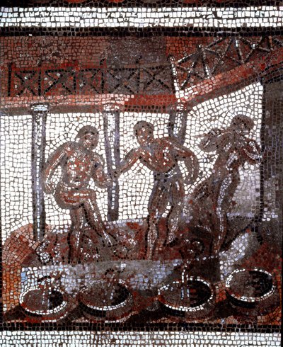 Scène van druiven stampen in een vat. (mozaïek, eind 2e, begin 3e eeuw) door Gallo Roman