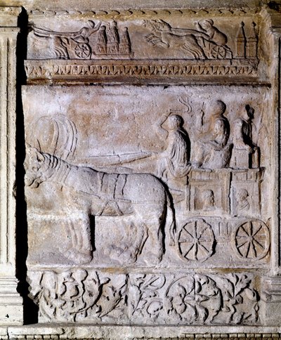 Bas-reliëf uit de Gallo-Romeinse periode die een wagen getrokken door paarden met passagiers afbeeldt. Avignon, Musée Calvet door Gallo Roman Gallo Roman