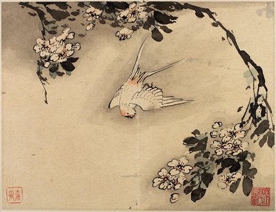 Vingerverfschildering van bloemen en vogels uit een album van tien bladen door Gao Qipei