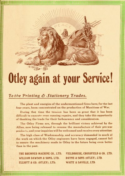 Otley weer tot uw dienst - Voor de Drukkerij- en Kantoorboekhandel, 1919 door Garratt and Atkinson