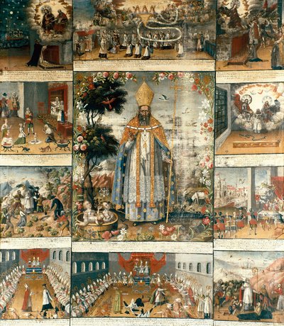 Altaarstuk van het leven van Sint Nicolaas van Myra of Bari (270-345) door Gaspar Miguel de Berrio