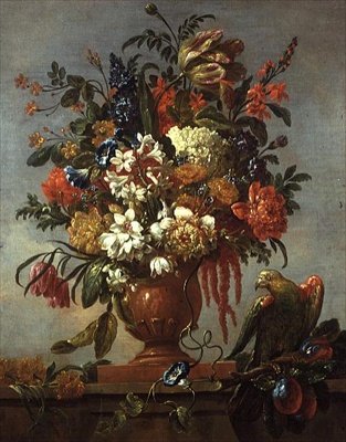 Stilleven van Bloemen in een Urn, met een Rode Papegaai door Gaspar Pieter II Verbruggen