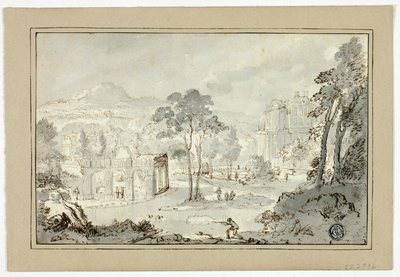 Jager met hond, andere figuren in landschap met villa, kanaal, piramide door Gaspar van Wittel
