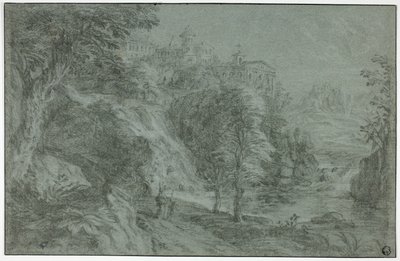 Italianiserend landschap met kerk op klif door Gaspard Dughet