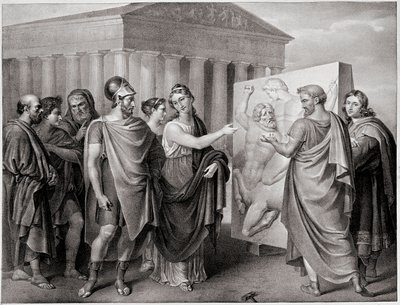 Atheense politicus Pericles (495-429 v.Chr.) en Aspasie zijn metgezel leiden het werk van Phidias voor het Parthenon in Athene. Gravure naar een schilderij van Gaspare Landi (1756-1830). 19e eeuw door Gaspare Landi