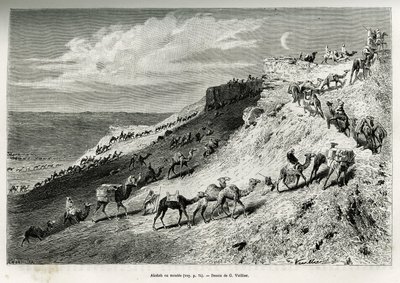Akabah of opstelling van kamelen uit de karavaan. Gravure ter illustratie van het verhaal 