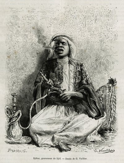 Portret van Djohar, gouverneur van de djof (groep van 7 of 8 dorpen, gebouwd op een afstand van 10 minuten van elkaar, in lijn), rookt narguile. Gravure door G. Vuillier, ter illustratie van het verhaal 