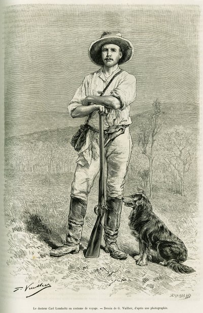Portret van de reiziger auteur Carl Lumholtz. Gravure door G. Vuillier, ter illustratie van het verhaal 