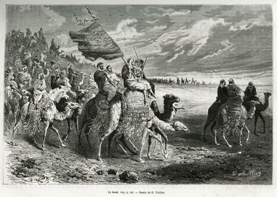De Berak, de vlag van Emir Ibn Al Rashid (1872-1890) (Saoedi-Arabië). Gravure door G. Vuillier, ter illustratie van het verhaal 