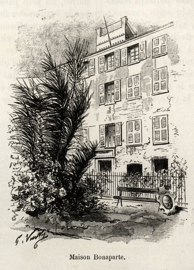 De gevel van het huis Bonaparte, waarin Napoleon Bonaparte (1769-1821) niet is. Gravure en verhaal 