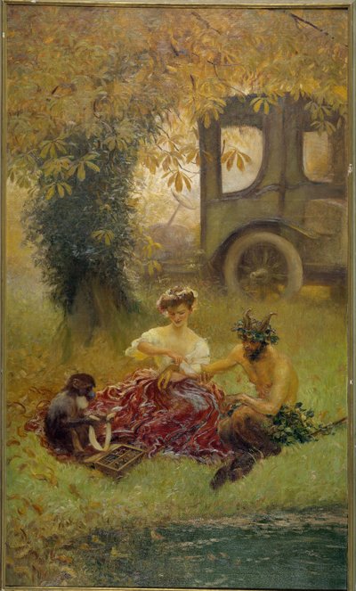 Een jonge vrouw geholpen door een aap geneest een wild dier door Gaston de la Touche