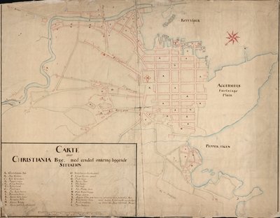 Kaart van de Nasjonalbibliotekets kartsamling. Uitgegeven in 1649 en toont Christiania door Geelkerck