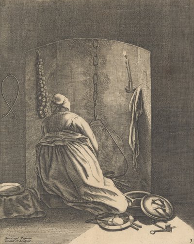 Een vrouw die kookt, plaat 3 uit Vijf vrouwelijke bezigheden, ca. 1640-57 door Geertruydt Roghman