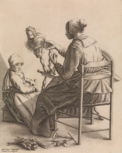 Een vrouw aan het spinnen, Plaat 4 uit Vijf vrouwelijke bezigheden, ca. 1640-57 door Geertruydt Roghman