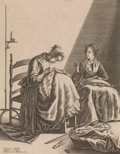 Twee Vrouwen aan het Naaien, Plaat 1 uit Vijf Vrouwelijke Bezigheden door Geertruydt Roghman