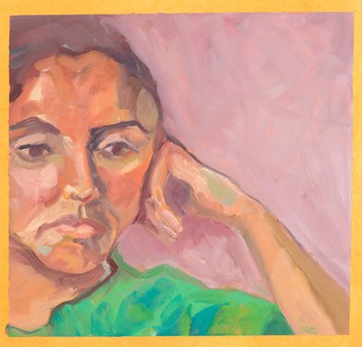 Meisje in atelier (olieverf op papier) door Genevieve French