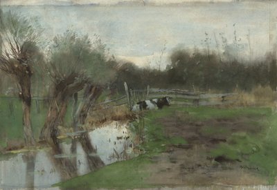 Weiland met liggende koe bij een sloot door Geo Poggenbeek