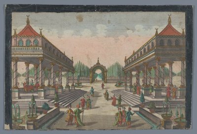 Gezicht op een zuilengalerij richting een cipressentuin te Constantinopel door Georg Balthasar Probst (possibly)