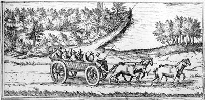 Koets met passagiers in Frankrijk, detail van een kaart, eind 16e eeuw door Georg Braun und Franz Hogenberg