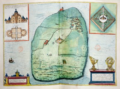 Het Kasteel en Observatorium van Uraniborg op het eiland Hven, Denemarken, gebouwd c.1584 door Tycho Brahe (1546-1601), uit Urbium Praecipuarum Mundi Theatrum Quintum, gepubliceerd Keulen, 1598 door Georg Braun und Franz Hogenberg