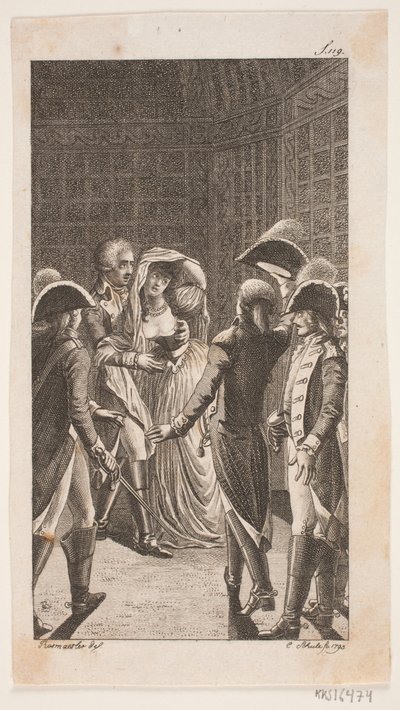 Illustratie met vijf militairen en een dame door Georg Christian Schule