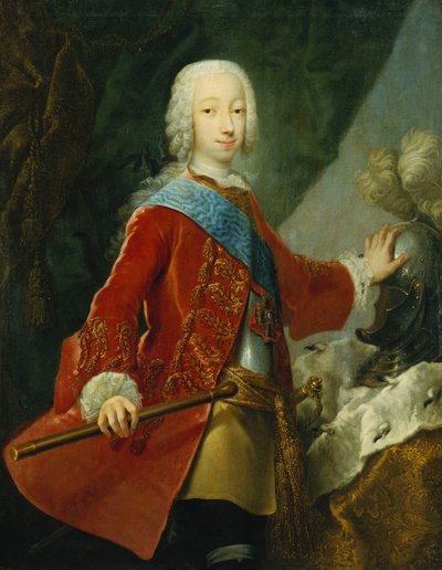 Portret van een heer, waarschijnlijk de grootvorst Peter Fedorovich, later tsaar Peter III, staand driekwart lengte, gekleed in een rood geborduurde jas, borstharnas en het insigne van Sint Anna, met een staf, zijn hand rustend op een helm op een tafel door Georg Christoph Grooth