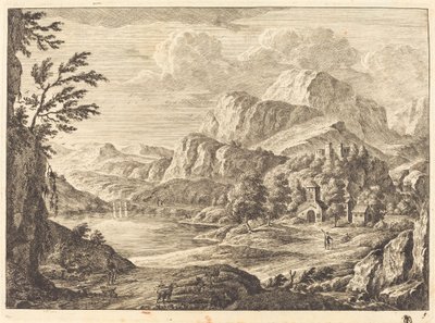 Bergachtig landschap met een vervallen kasteel en een boogbrug in de verte door Georg Eisenmann