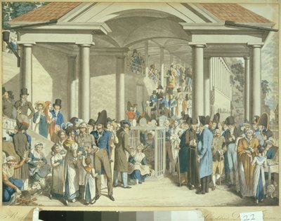Gezondheidsgemeenschap bij de Karlsbader Fontein, 1810 (aquatint tekening) door Georg Emanuel Opitz