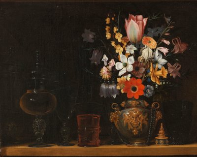 Stilleven met een boeket bloemen en glazen bokalen door Georg Flegel