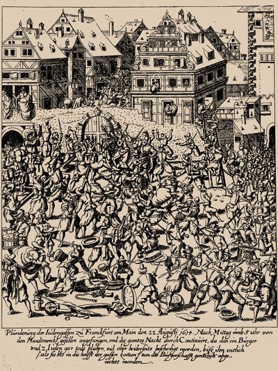 De Fettmilch-opstand. De plundering van de Judengasse in Frankfurt op 22 augustus 1614, ca. 1616-1617 door Georg Keller