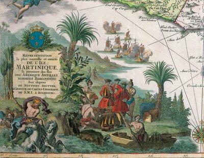Kaart van Martinique gemaakt door Matthieu Seutter, details: Handelaren en Inheemse Amerikaanse Indiaan door Georg Matthäus Seutter