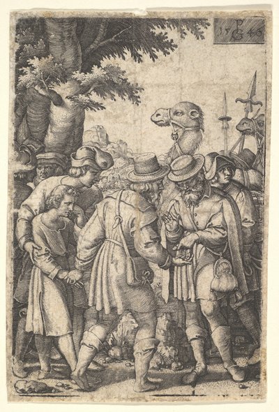 Jozef verkocht aan de kooplieden: een bebaarde man grijpt Jozef met zijn linkerhand en ontvangt co... door Georg Pencz