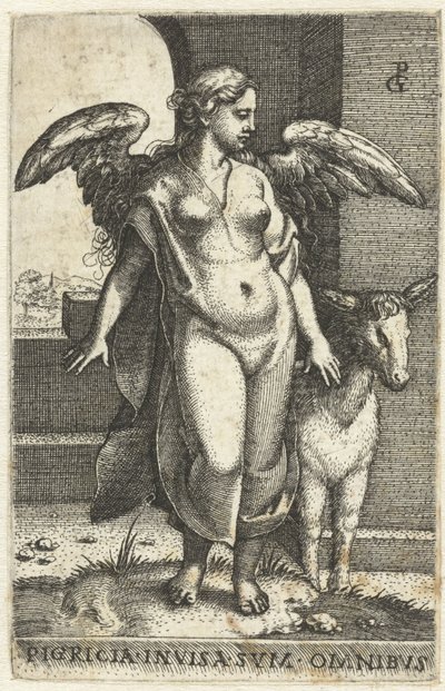 Luiheid (Pigritia Acedia) Pigricia invisa sum omnibus (titel op object) Zeven Hoofdzonden (serie titel) door Georg Pencz