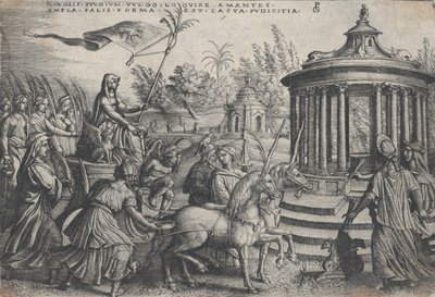 De triomf van kuisheid op liefde, uit de triomfen van Petrarca door Georg Pencz