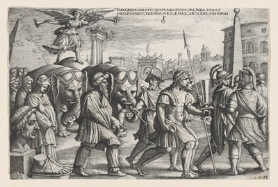 De triomf van roem op kuisheid, uit de Triomfen van Petrarca door Georg Pencz