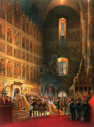 De zalving van Tsaar Alexander II van Rusland, Moskou, 1856 door Georg Wilhelm Timm