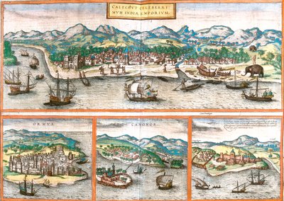 Kozhikode, Hormuz Eiland, Kannur, Elmina, India, Iran, Ghana door Georg and Hogenberg Franz (1535 90) Braun