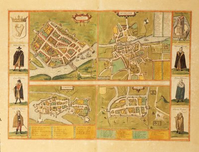 Kaart van Galway, Dublin, Limerick en Cork uit Civitates Orbis Terrarum door Georg Braun and Hogenberg Franz