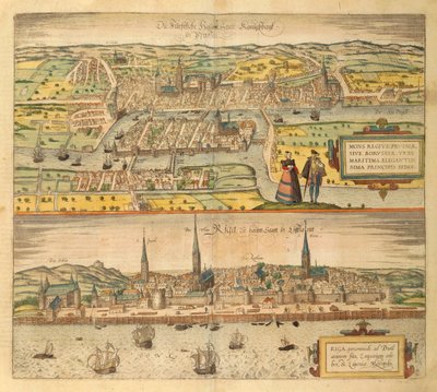 Kaart van Koningsbergen en Riga uit Civitates Orbis Terrarum door Georg Braun and Hogenberg Franz