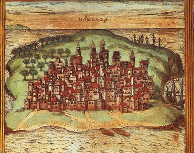 Kaart van Mombasa, Kenia, uit Civitates Orbis Terrarum door Georg Braun en Franz Hogenberg, gravure door Georg Braun and Hogenberg Franz