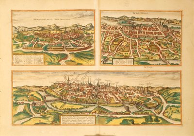 Kaart van Montpellier, Tours en Poitiers uit Civitates Orbis Terrarum door Georg Braun door Georg Braun and Hogenberg Franz