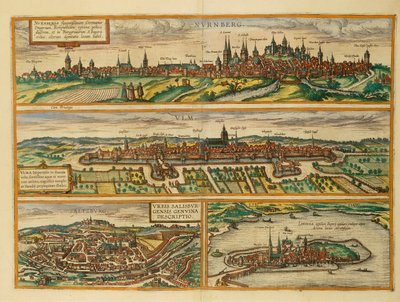 Kaart van Neurenberg, Ulm, Salzburg en Lindau uit Civitates Orbis Terrarum door Georg Braun and Hogenberg Franz