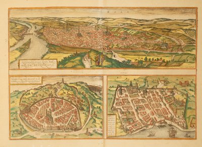 Kaart van Rouen, Nîmes en Bordeaux uit Civitates Orbis Terrarum door Georg Braun door Georg Braun and Hogenberg Franz