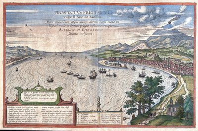 De Straat van Messina, tussen Sicilië en Calabrië (Italië) (gravure) door Georg Braun and Hogenberg Franz