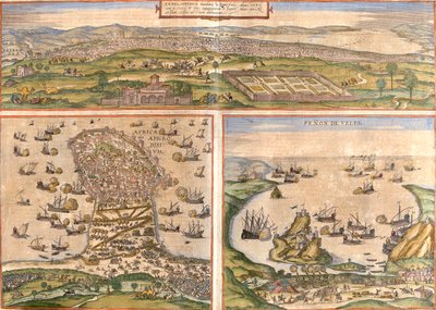 Tunis, Mahdia, Peñón de Vélez de la Gomera, Tunesië, Spanje, Marokko door Georg and Hogenberg Franz (1535 90) Braun