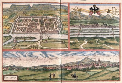 Heilbronn (Duitsland), Mulhouse (Frankrijk) en Reutlingen (Duitsland) (ets) door Georg Braun and Hogenberg Franz