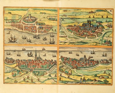 Helsingborg, Lund, Malmö, Elbogen en Landskrona, uit Civitates Orbis Terrarum, Keulen door Georg Braun and Hogenberg Franz